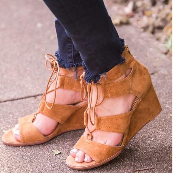 Cognac Kid Suede Lace Up Gladiator Wedge Sandal - Picture 6 of 8
